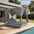 vidaXL Loungebed met gordijnen poly rattan grijs, Jardin & Terrasse, Chaises longues, Verzenden