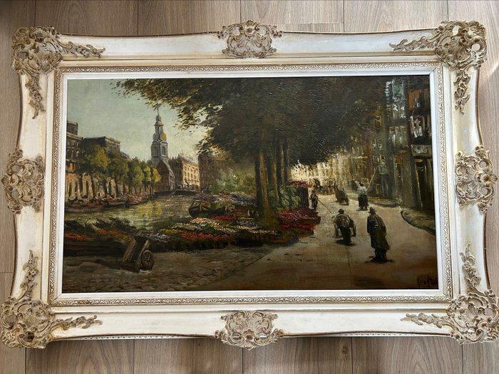 Hollandse school (XX) - Amsterdams bloemenmarkt, Antiek en Kunst, Kunst | Schilderijen | Klassiek