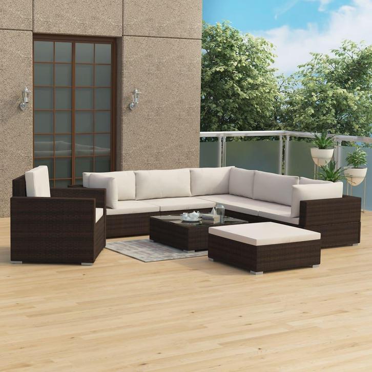 vidaXL 8-delige Loungeset met kussens poly rattan bruin, Tuin en Terras, Tuinsets en Loungesets, Loungeset, Nieuw, Verzenden