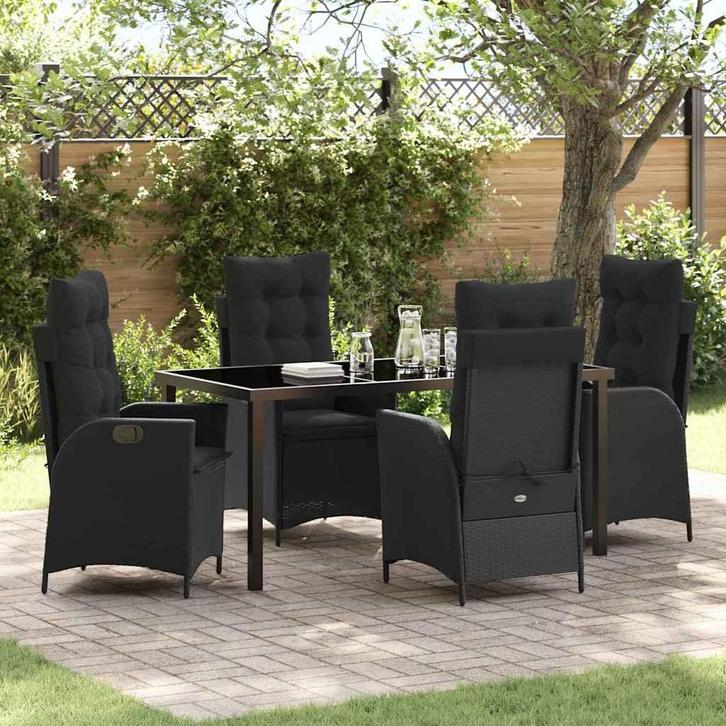 vidaXL Tuin Eettafel Set met kussen 5 pcs Zwart poly rattan, Tuin en Terras, Tuinsets en Loungesets, Nieuw, Verzenden