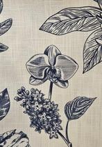 Stof Chinoiserie in blu op geruit katoen met linnenachtige