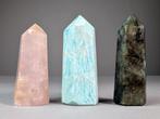 Drietal mineralen: Amazoniet, Labradoriet, Rozenkwarts