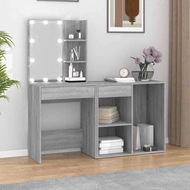vidaXL Kaptafel met kastjes LED bewerkt hout grijs sonoma, Huis en Inrichting, Tafels | Kaptafels, Nieuw, Verzenden