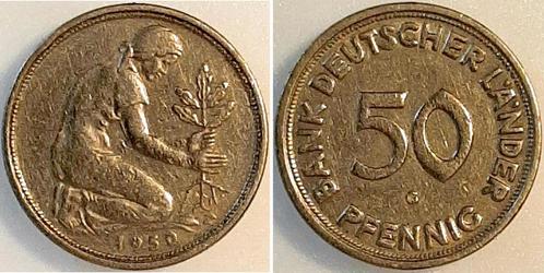 Duitsland 50 Pfennig 1950g Bank duitser Laender ss/vz ink..., Timbres & Monnaies, Monnaies | Europe | Monnaies non-euro, Envoi