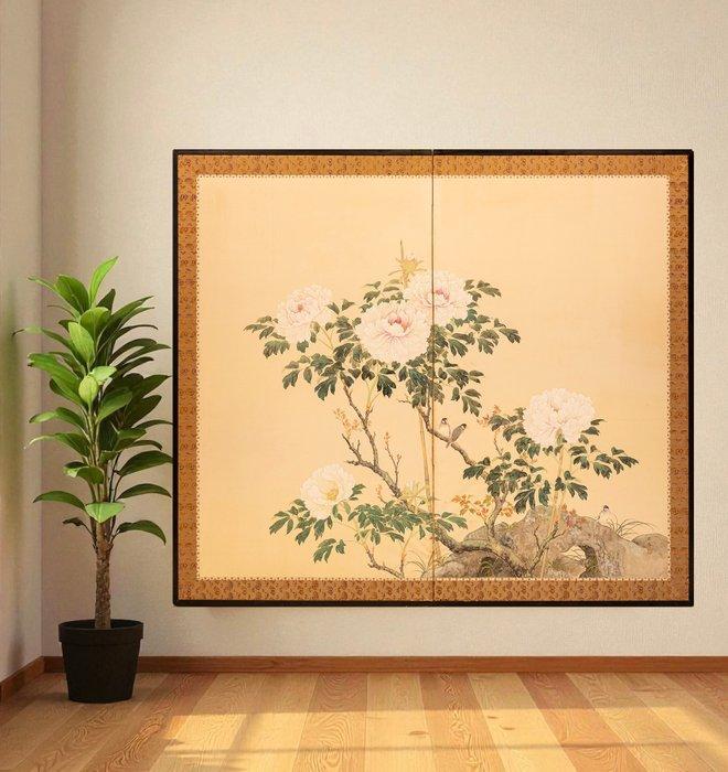 Kamerscherm - Papier, Hout, Een tweepaneel vouwscherm met, Antiek en Kunst, Antiek | Overige Antiek