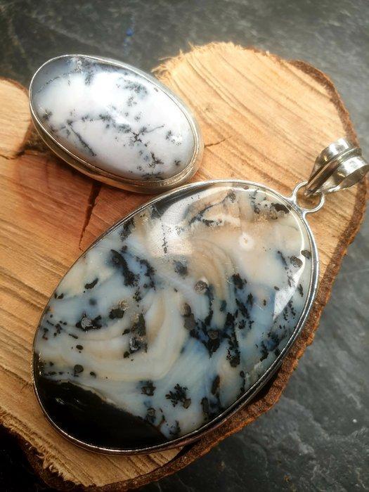 Zilver, Dendrietopaal - 2-delige sieradenset - Hanger en, Verzamelen, Mineralen en Fossielen