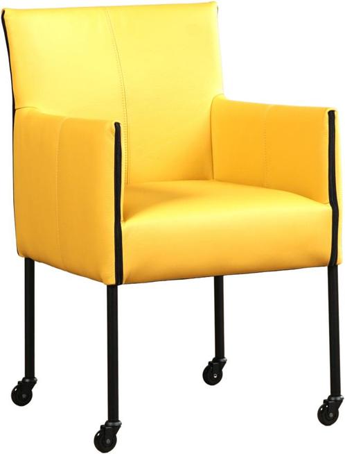 Gele leren moderne kuipstoel - poot rond zwart met wiel -, Huis en Inrichting, Stoelen, Nieuw, Eén, Leer, Ophalen of Verzenden
