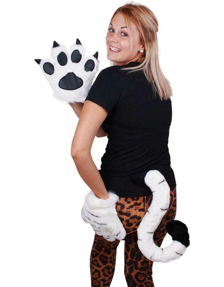 Set Tijger Wit handschoenen + staart, Hobby en Vrije tijd, Feestartikelen, Ophalen of Verzenden