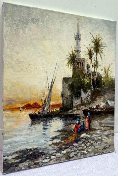 Mikhail Kraiev (1957) - Au Bord du Nil - Orientaliste, Antiek en Kunst, Kunst | Schilderijen | Klassiek