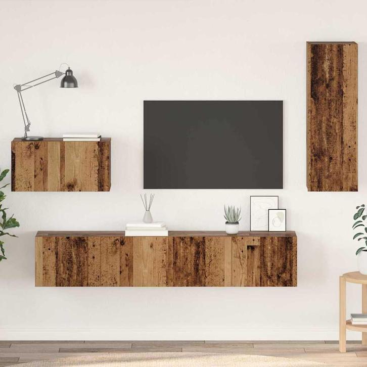 vidaXL Wand TV Kast Wandgemonteerd 4 pcs Oud Hout Bewerkt, Huis en Inrichting, Kasten |Televisiemeubels, Nieuw, Verzenden