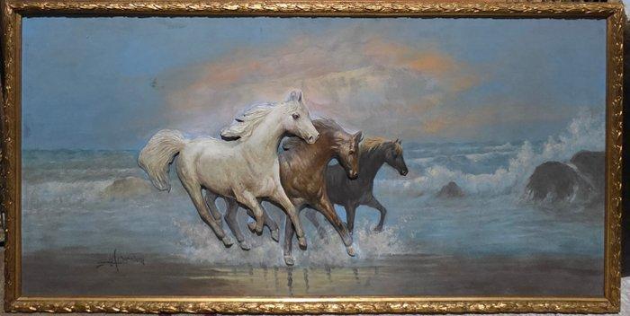 Artista europeo (XX) - Cavalli in corsa, Antiek en Kunst, Kunst | Schilderijen | Klassiek