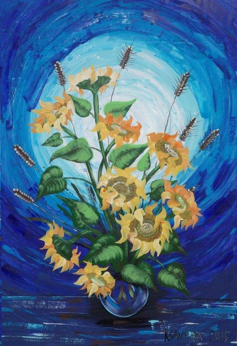 Ksavera - Sunflowers B047 - original painting palette knife, Antiquités & Art, Art | Peinture | Moderne