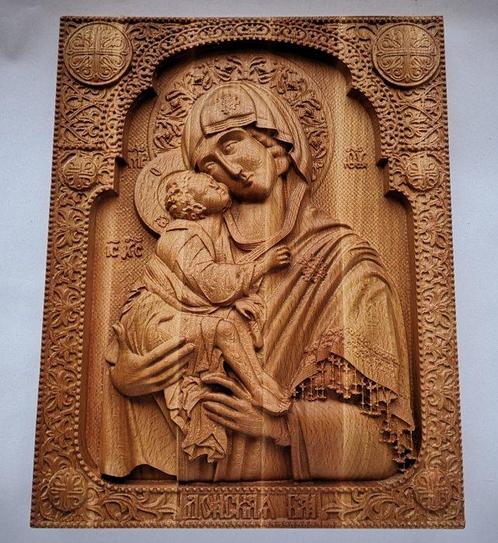 Icône - Icône en bois sculpté de la Sainte Mère de Dieu -, Antiek en Kunst, Antiek | Boeken en Manuscripten