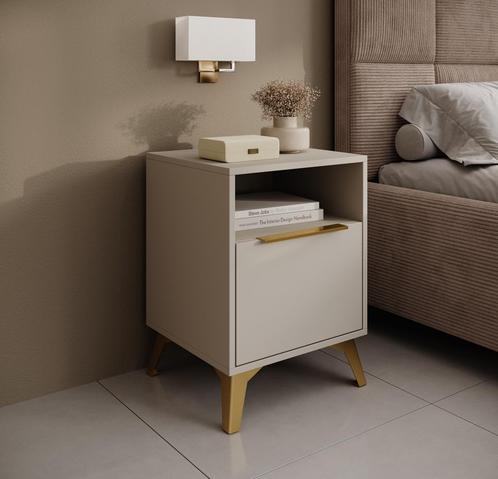 Meubella Nachtkastje beige goud 43x40x60 cm | 1 lade, Huis en Inrichting, Kasten | Overige, Nieuw, Verzenden