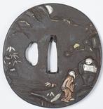 Tsuba (235g) - Maanverlichte Landschap met Geleerden, Kranen