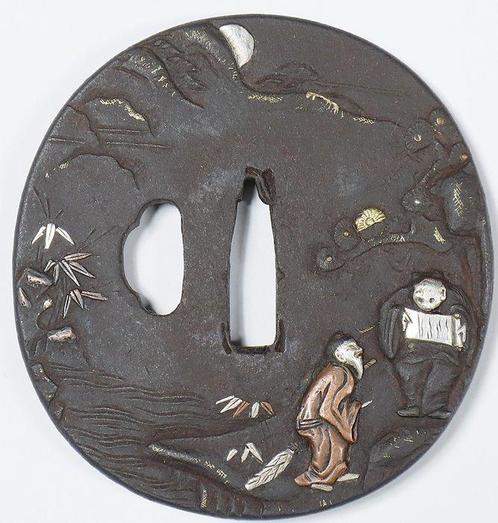 Tsuba (235g) - Maanverlichte Landschap met Geleerden, Kranen, Antiek en Kunst, Antiek | Overige Antiek