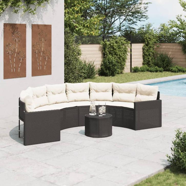 vidaXL Tuinbank met tafel en kussens halfrond poly rattan, Tuin en Terras, Tuinsets en Loungesets, Nieuw, Verzenden