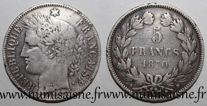 France Frankreich Km 818 5 Francs 1870 K Bordeaux Ceres M..., Postzegels en Munten, Munten | Europa | Niet-Euromunten, België