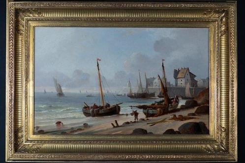Hollandse School (XIX) - Strandgezicht met Vissersschepen -, Antiek en Kunst, Kunst | Schilderijen | Klassiek