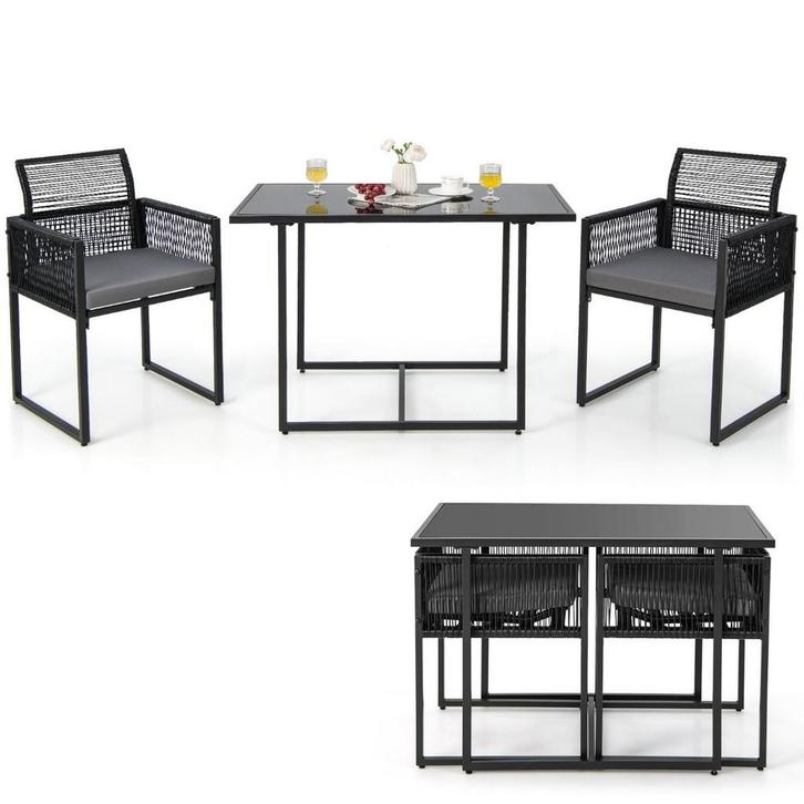 2dekans | Coast Terrasmeubelset 3-Delig PE Rotan Zwart met, Tuin en Terras, Tuinsets en Loungesets, Ophalen of Verzenden