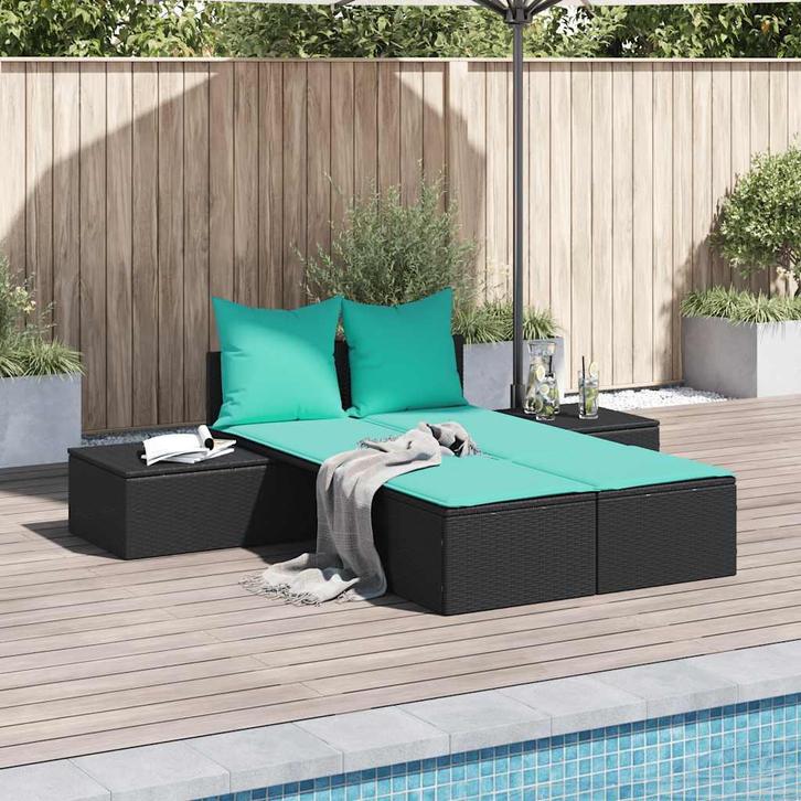 vidaXL Dubbele ligstoel met kussens, zwart polyrotan, Tuin en Terras, Ligbedden, Nieuw, Verzenden