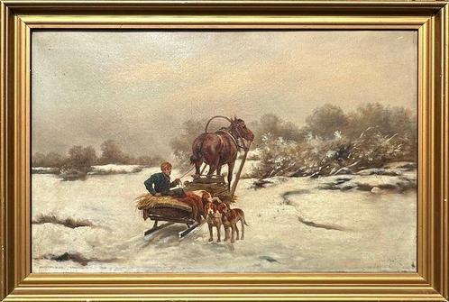 Jan Wolski (1907-1990) - A Man on a sled pulled by a horse, Antiek en Kunst, Kunst | Schilderijen | Klassiek