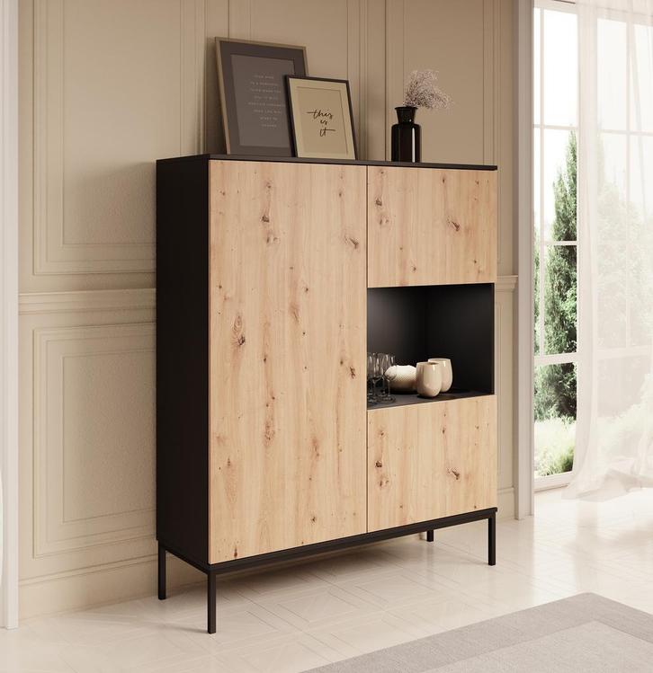 Meubella | Vitrinekast eiken zwart | 2 deuren 1 lade 120cm, Huis en Inrichting, Kasten | Vitrinekasten, 50 tot 75 cm, Nieuw, 100 tot 150 cm