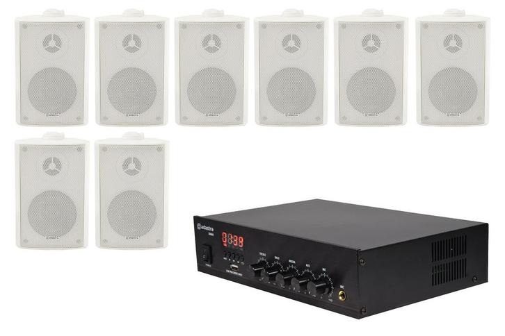 Geluidsinstallatie Met Compacte 100V Versterker En 8 Witte, Audio, Tv en Foto, Luidsprekerboxen