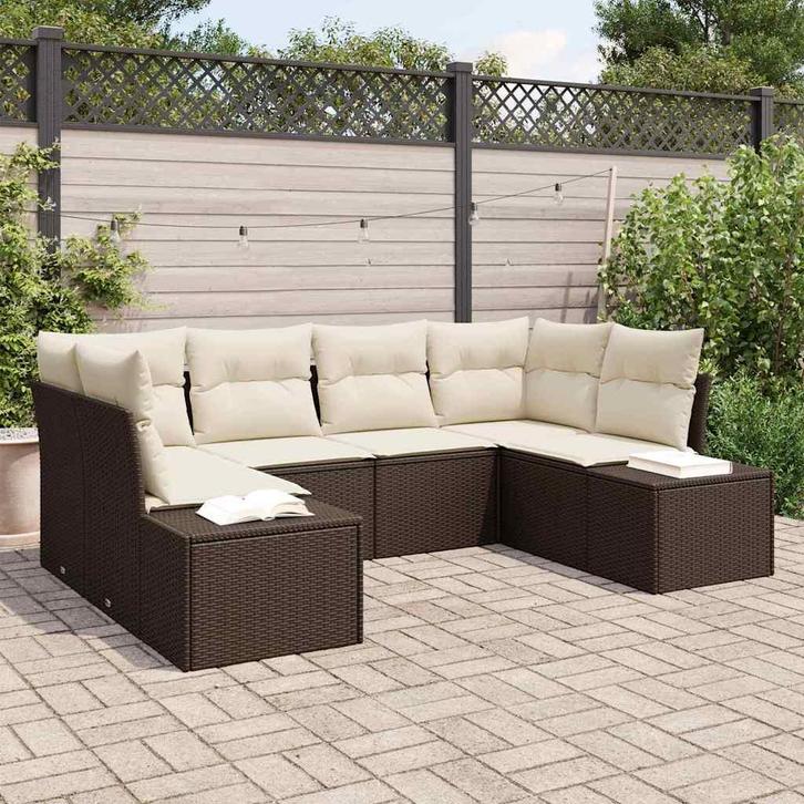 vidaXL Tuinbank Set met kussen 6 pcs Bruin en crème Poly, Tuin en Terras, Tuinsets en Loungesets, Nieuw, Verzenden
