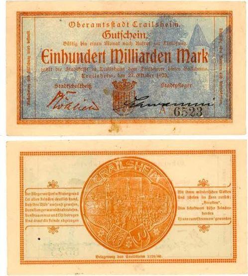 Duitsland 100 Milliarden Mark Crailsheim 1923 Notgeld blau, Postzegels en Munten, Munten | Nederland, Verzenden