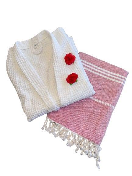 Wellness Pakket: Badjas Wafel & Hamamdoek 90x165cm Rood, Huis en Inrichting, Badkamer | Badtextiel en Accessoires, Overige typen