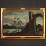 École italienne (XVIII) - Paesaggio con personaggi e rovine, Antiek en Kunst, Kunst | Schilderijen | Klassiek