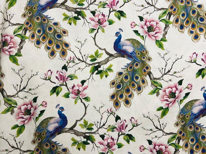 Betoverd koninkrijk: meubelstof met pauwen en bloemen in, Antiek en Kunst, Antiek | Tapijten, Tafelkleden en Textiel