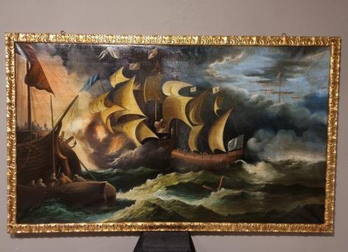 Franse school (XIX) - Grande battaglia navale - NO RESERVE, Antiek en Kunst, Kunst | Schilderijen | Klassiek