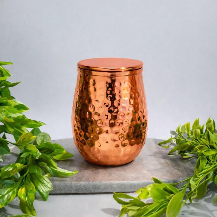 Puur koperen beker gehamerd gebogen met deksel – 300 ml, Sport en Fitness, Gezondheidsproducten en Wellness, Ophalen of Verzenden