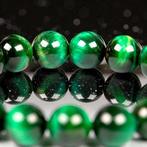 Groene kattenoogglas elastische armband – 10 mm kralen -, Antiek en Kunst