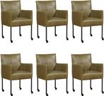 Set van 6 Olijfgroene leren moderne kuipstoel - poot rond, Huis en Inrichting, Overige kleuren, Nieuw, Leer, Ophalen of Verzenden