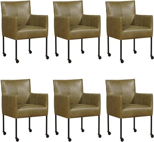 Set van 6 Olijfgroene leren moderne kuipstoel - poot rond, Huis en Inrichting, Stoelen, Overige kleuren, Vijf, Zes of meer stoelen