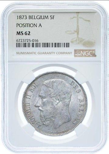 België. Leopold II. 5 Francs 1873 - NGC MS62 (Position A)