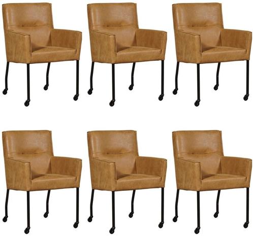 Set van 6 Leren eetkamerstoelen - met wieltjes en armleuning, Huis en Inrichting, Stoelen, Overige kleuren, Vijf, Zes of meer stoelen