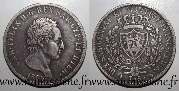 Italien Sardinien Km 116 5 Lire 1827 L Charles-félix, Postzegels en Munten, Munten | Europa | Niet-Euromunten, België, Verzenden