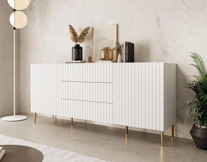 Meubella | Dressoir wit 180x45x80 cm gouden pootjes, Huis en Inrichting, Kasten | Dressoirs, 25 tot 50 cm, Nieuw, 150 tot 200 cm