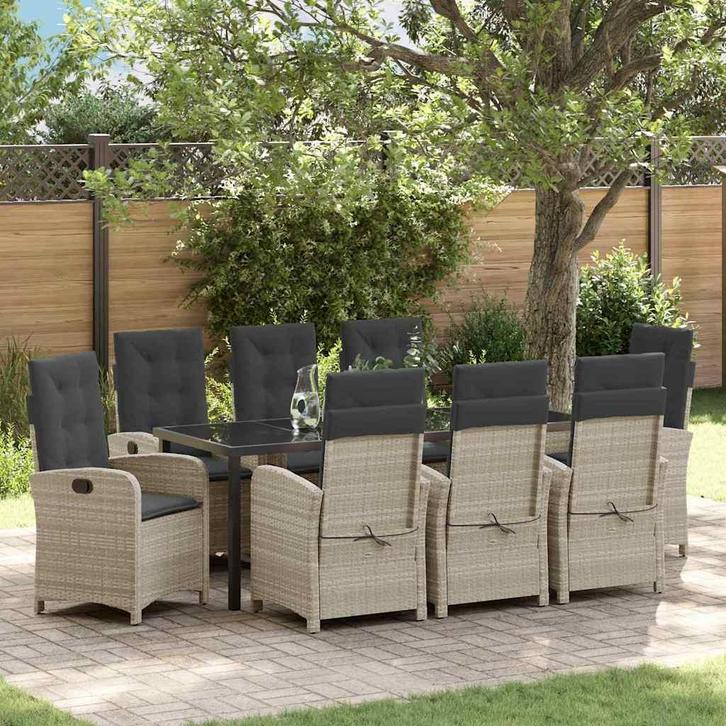 vidaXL Tuin Eettafel Set met kussen 9 pcs Lichtgrijs poly, Tuin en Terras, Tuinsets en Loungesets, Nieuw, Verzenden