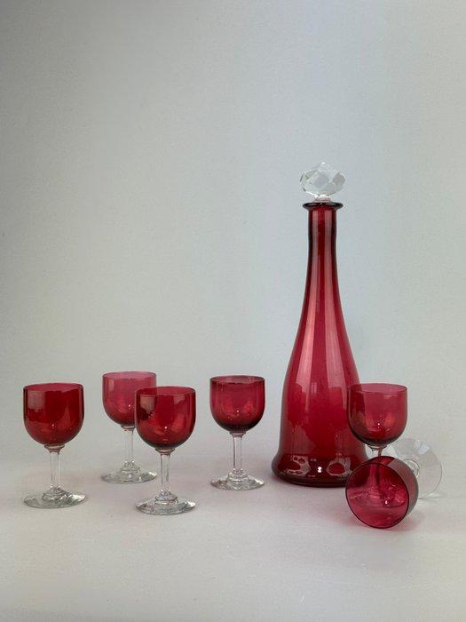 Drinkset (7) - Rood glas - Likeurset, Antiek en Kunst, Antiek | Meubels | Tafels