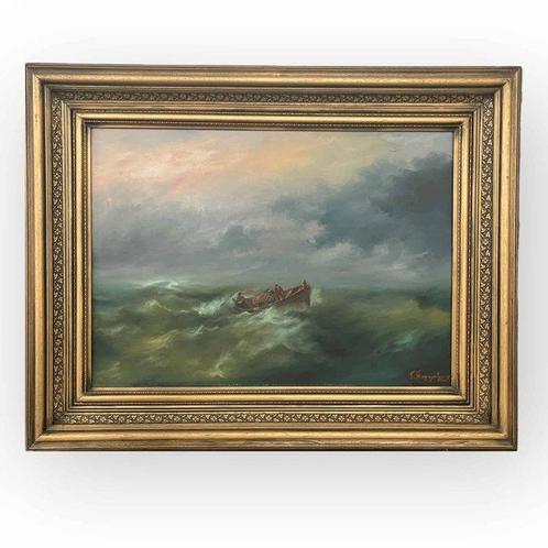 Giorgios Karagiorgis (1941) - Seascape with boat, Antiek en Kunst, Kunst | Schilderijen | Klassiek