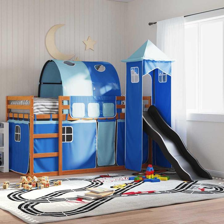 vidaXL Stapelbed met glijbaan en gordijnen blauw 90x200 cm, Huis en Inrichting, Slaapkamer | Bedden, Nieuw, Verzenden