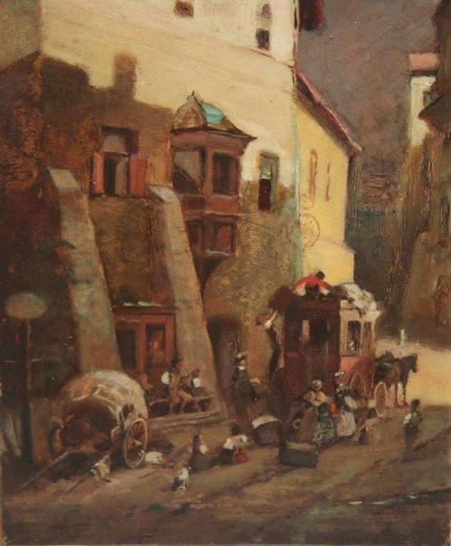 Carl Spitzweg (1808-1885), Navolger van - Calle con carruaje, Antiek en Kunst, Kunst | Schilderijen | Klassiek