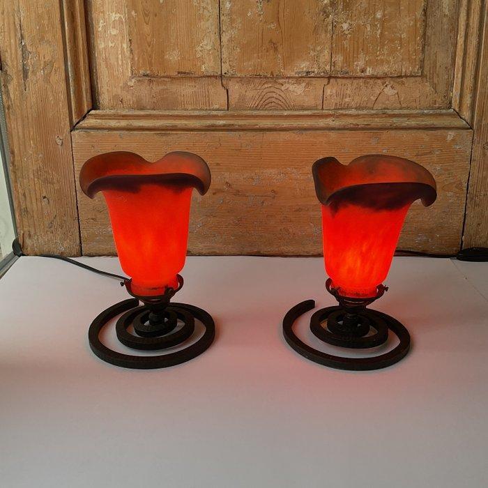 2x Art Deco Table Lamp - Pâte de verre signed Tief -, Antiek en Kunst, Curiosa en Brocante