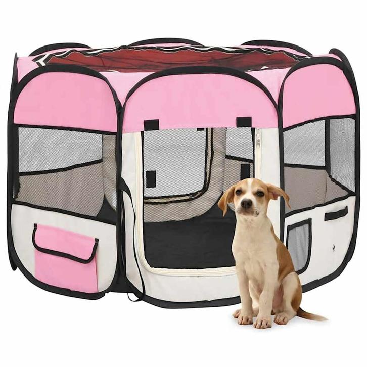 vidaXL Hondenren inklapbaar met draagtas 90x90x58 cm roze, Dieren en Toebehoren, Hondenbenches, Nieuw, Verzenden