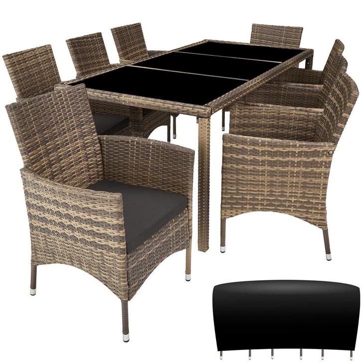 tectake Wicker zitgroep 8+1 met beschermhoes - natuur/donker, Tuin en Terras, Tuinsets en Loungesets, Verzenden